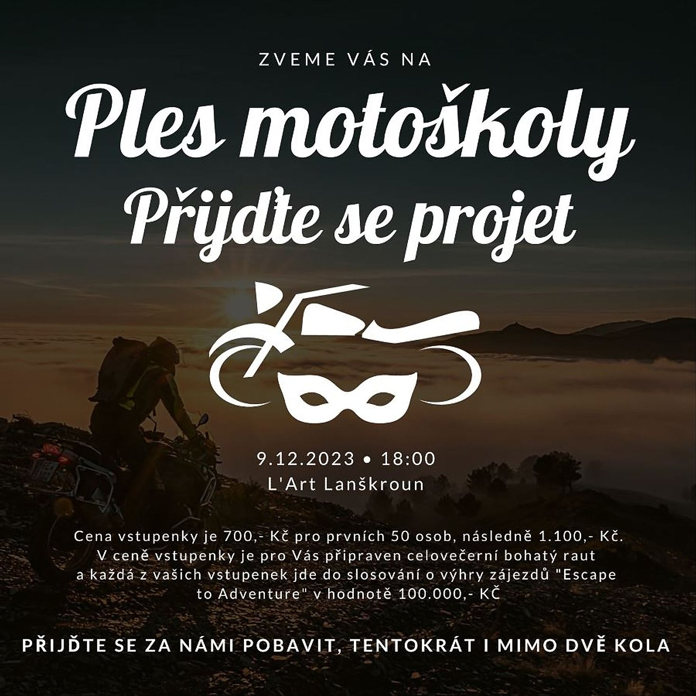 Pozvánka na ples motoškoly 9. 12. 2023 v L'Art Lanškroun